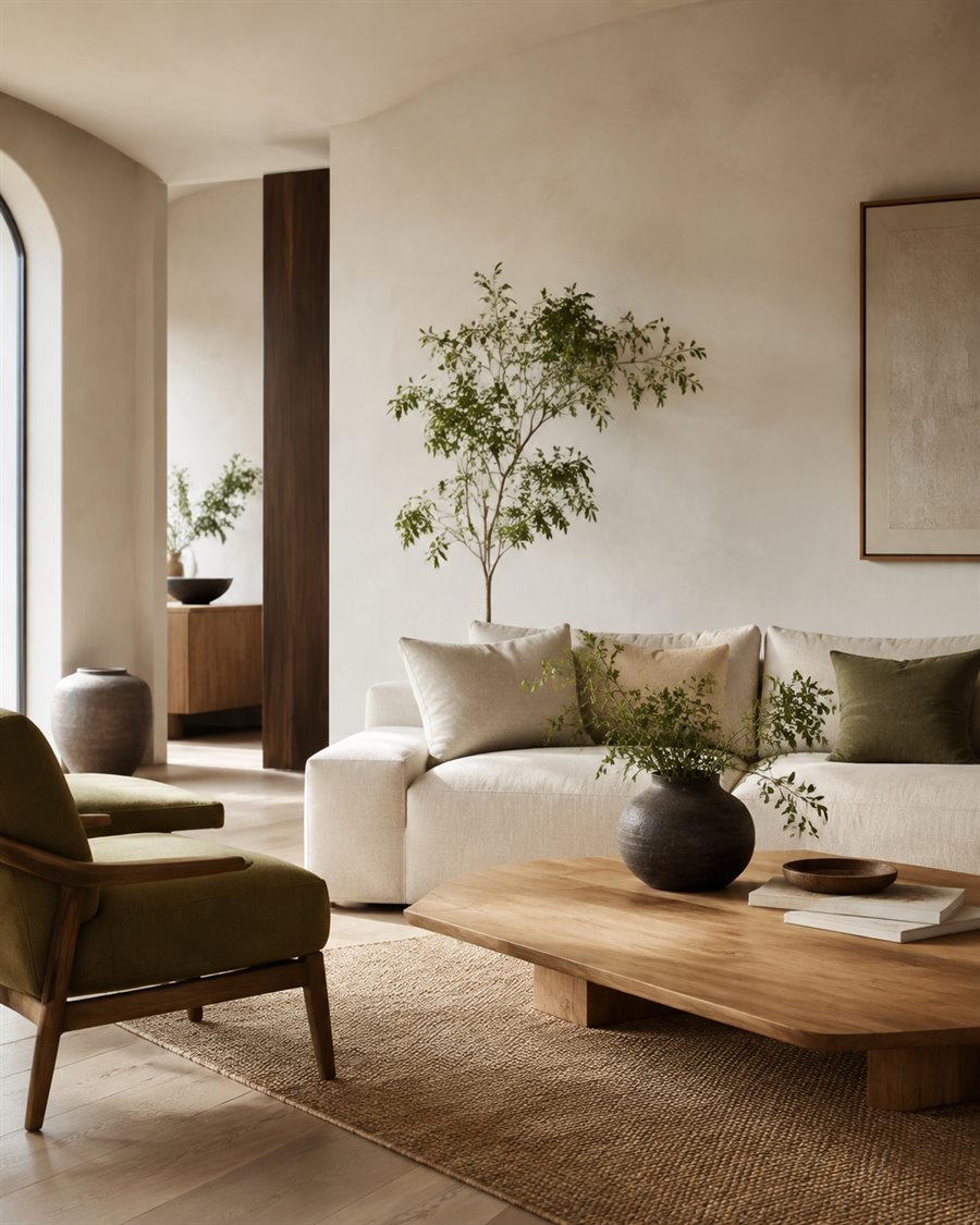 Calm, naturally lit modern living room with natural materials and balanced furniture placement