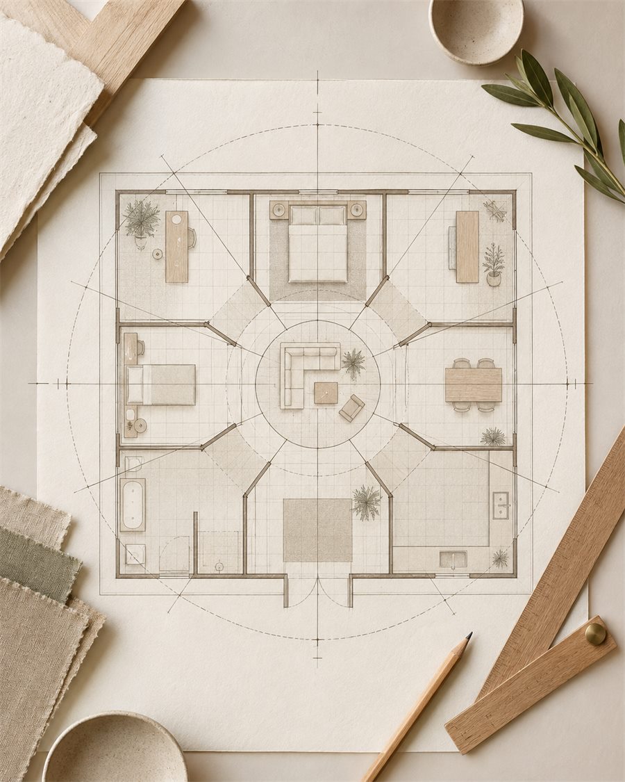 Top-down room layout planner diagram on handmade paper