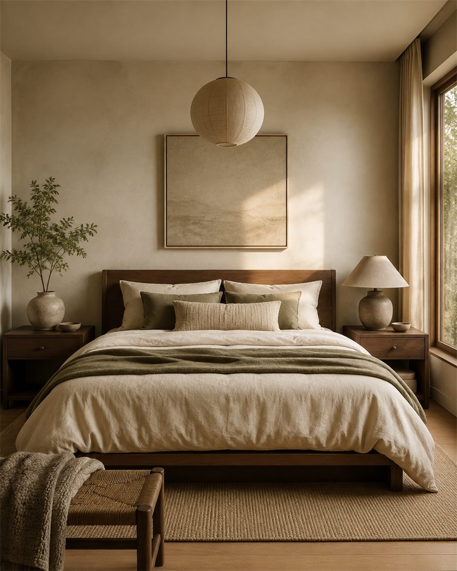Serene modern bedroom with balanced bedside tables and soft linen