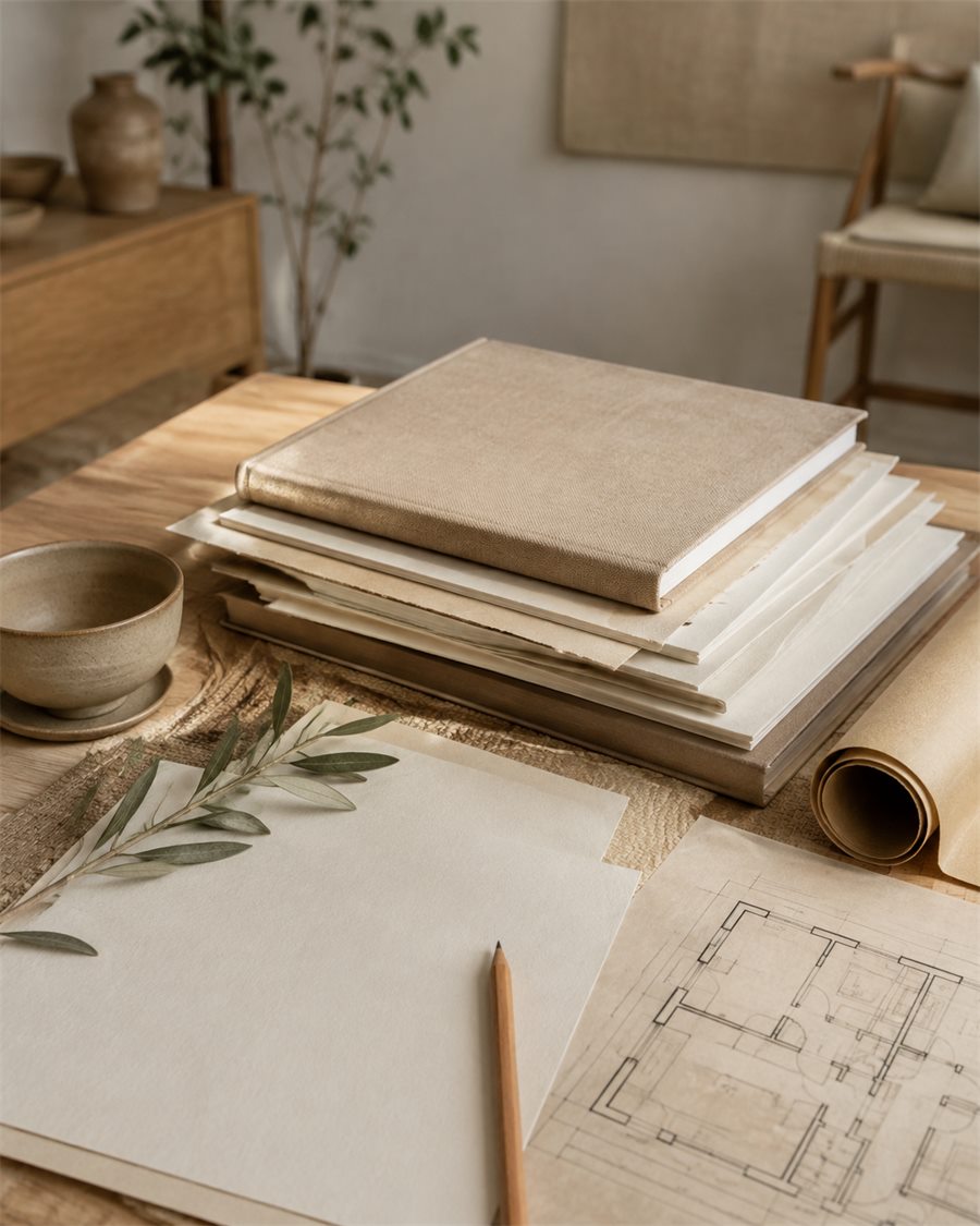 Stack of blank study materials and room-planning worksheets