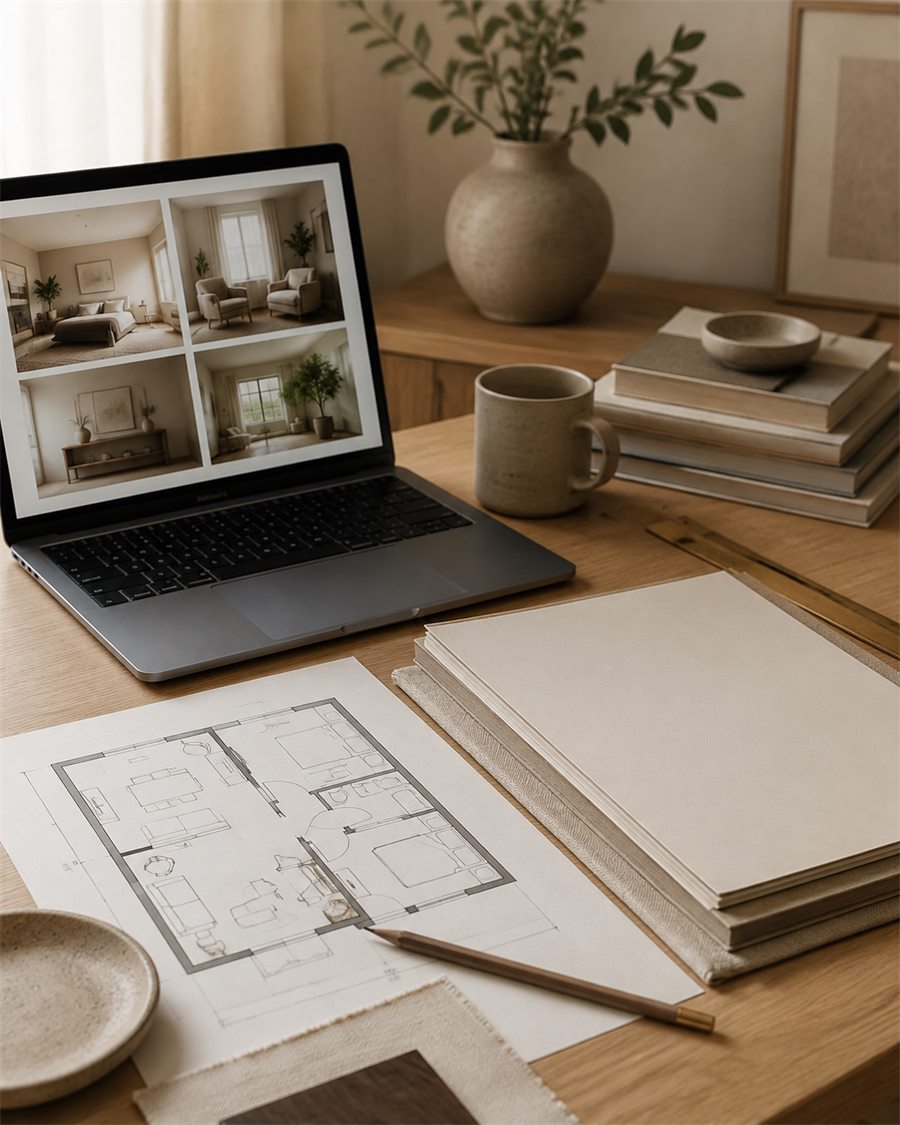 Interior layout review workspace with room photos and floor plan