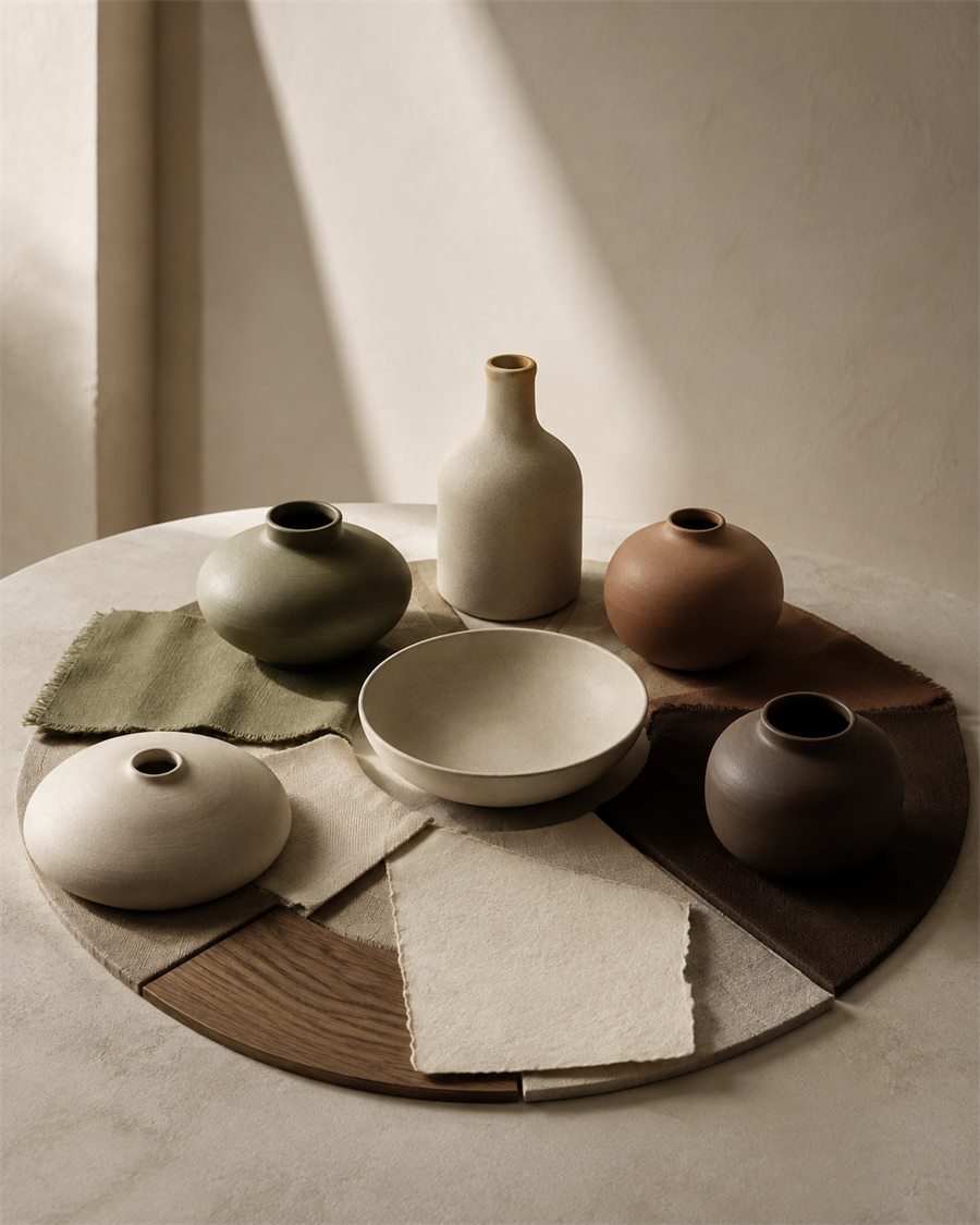 Five matte ceramic forms and fabric swatches arranged as a color study