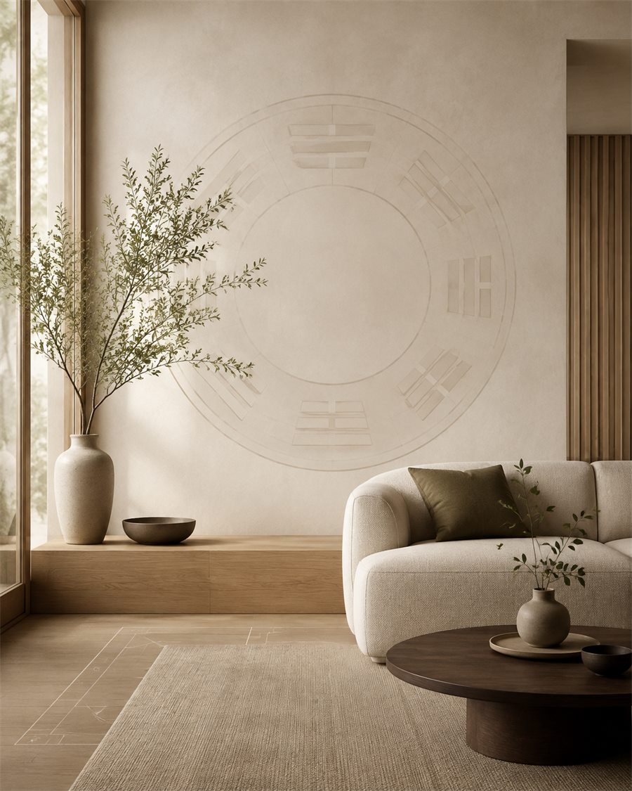 Warm modern living room with a subtle Bagua-inspired wall motif