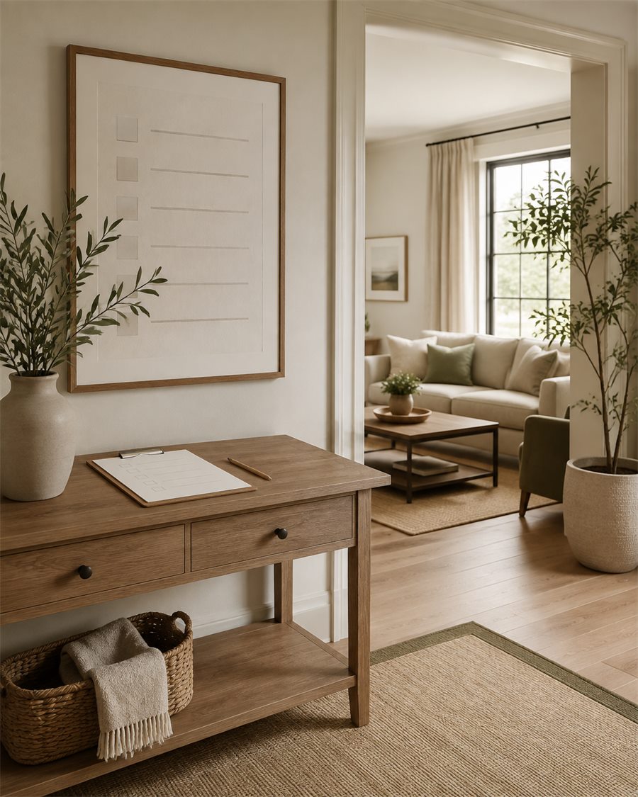 Calm home entry with a practical checklist and clear circulation
